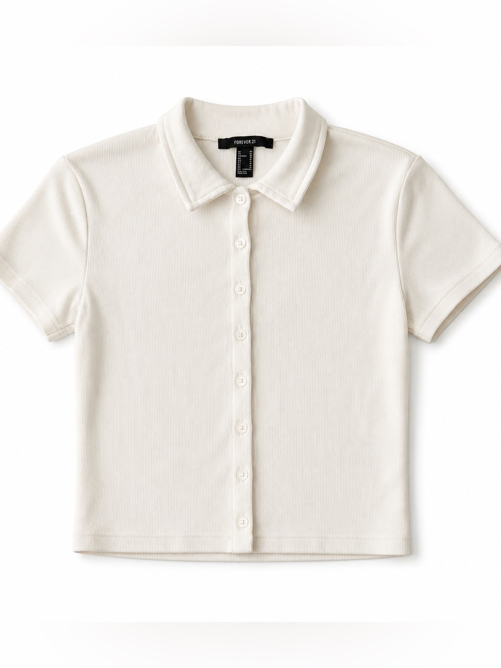 Forever 21 Ribbed Polo Shirt | Cream Short Sleeve Button Down Size M